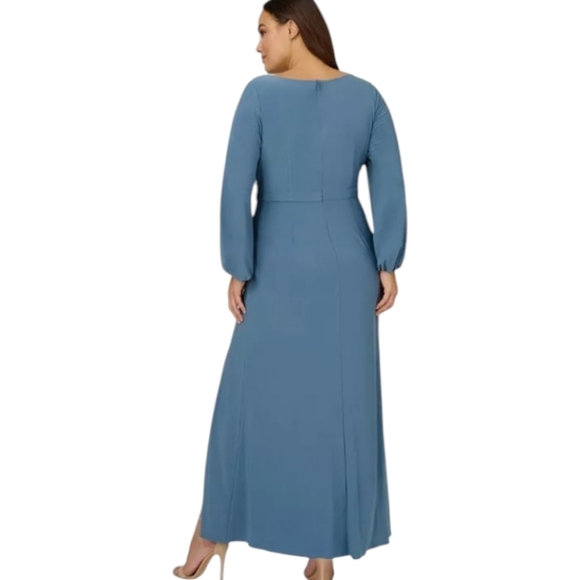 Adrianna Papell Blue Knit V Wrap Top Side Ruffle Slit Maxi Formal Dress NWT - Picture 5 of 9